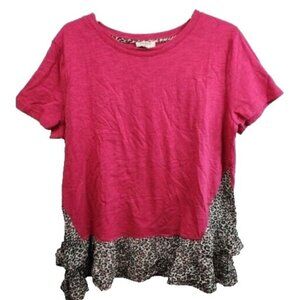 Umgee Womens Short Sleeve BOHO Top Medium Pink Animal Print Ruffle Oversized